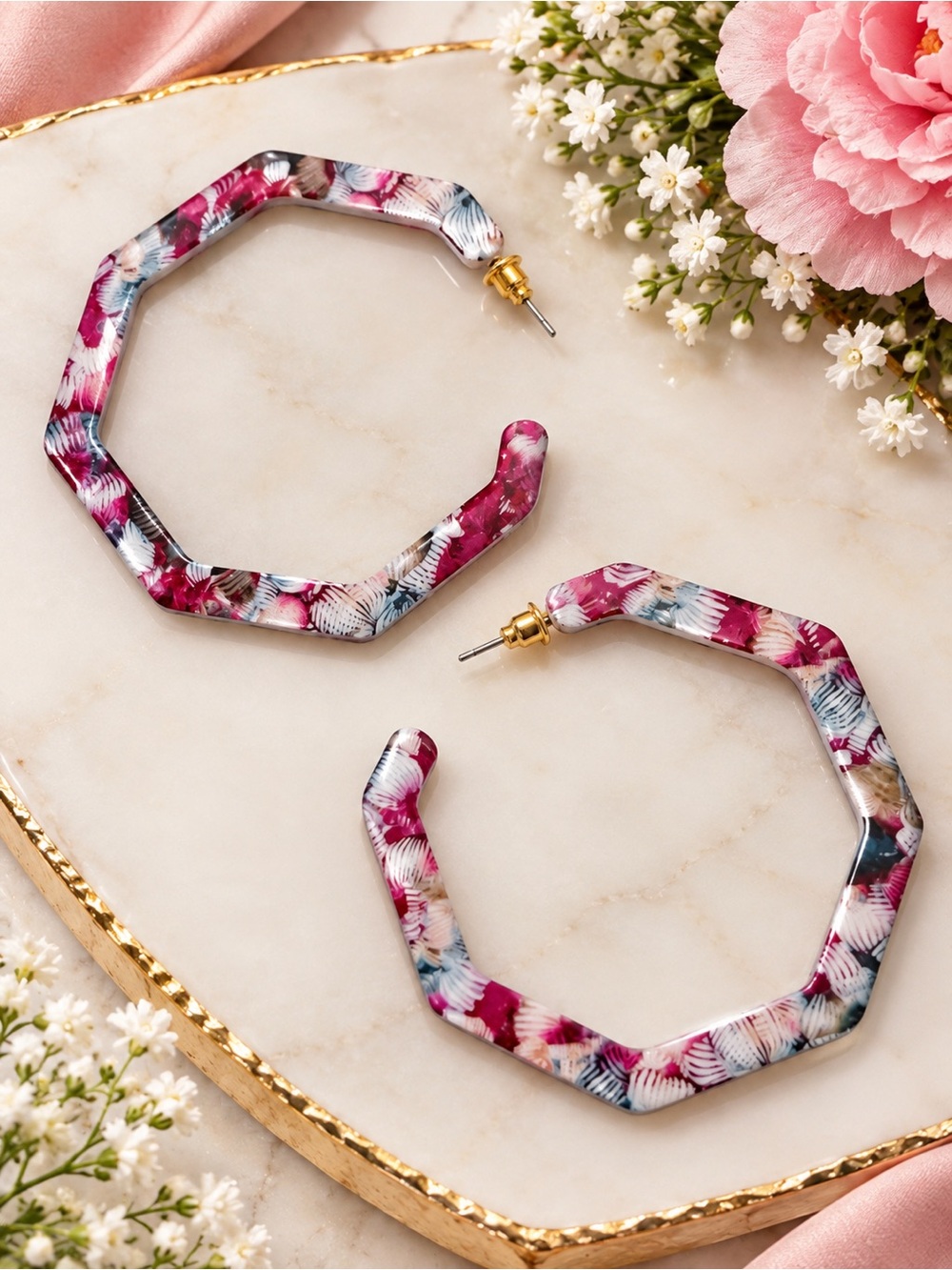 Floral Pink Resin Octagon Hoop Earrings - Unbranded